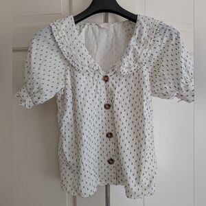 LC Lauren Conrad Cream and Navy Patterned Blouse